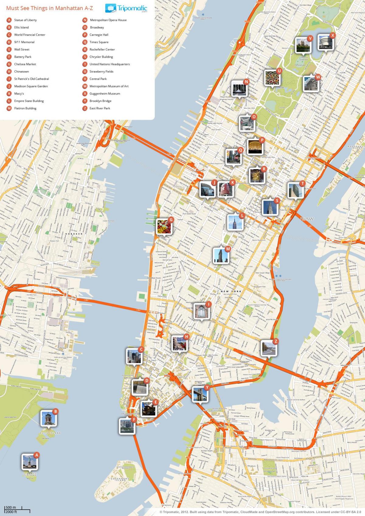 карта Манхэттена, показывая достопримечательности