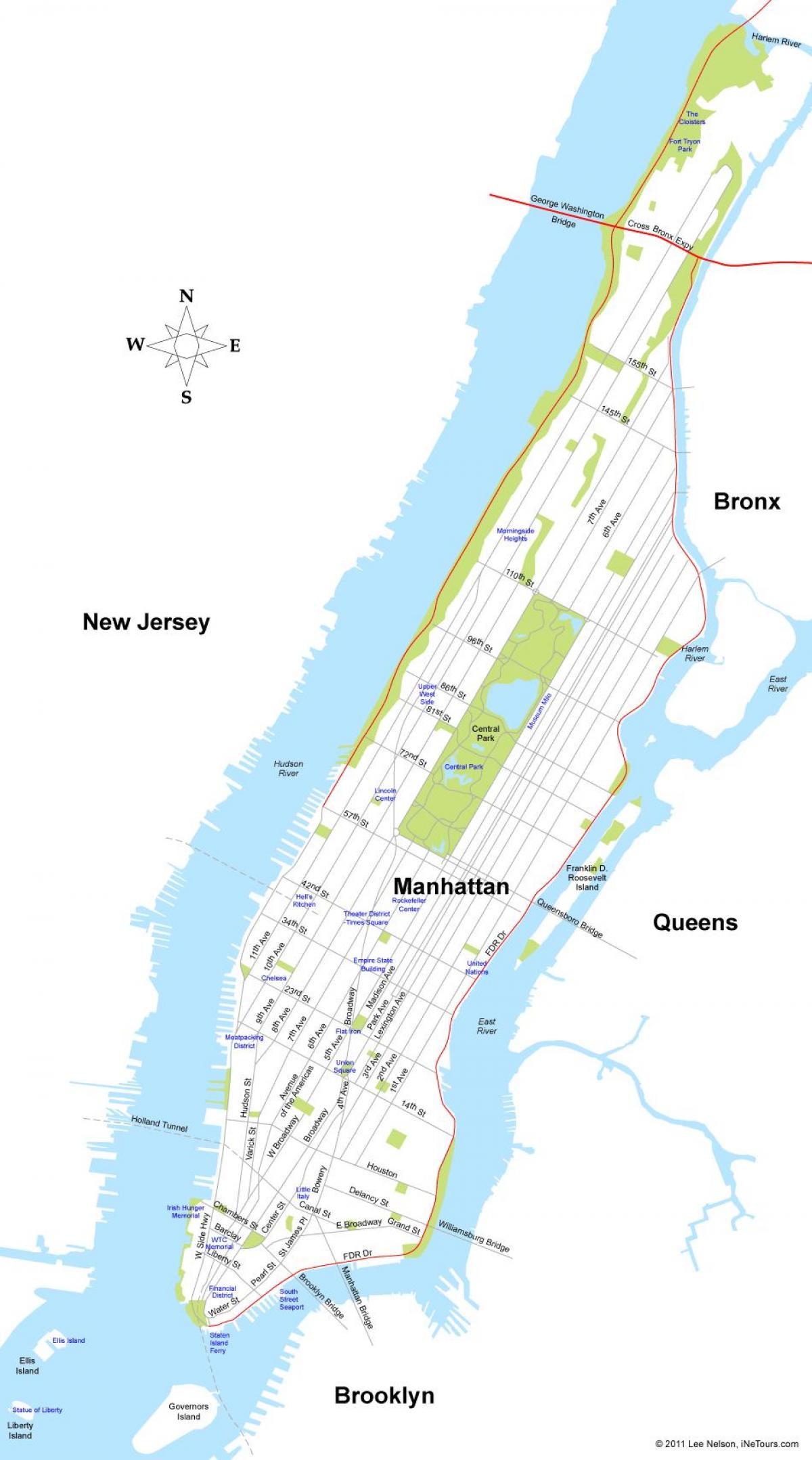 карта острова Манхэттен в Нью-Йорке