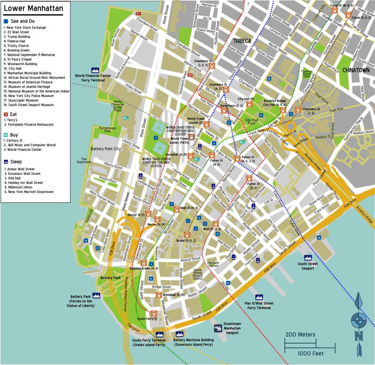 карта нижнего Манхэттена с названиями улиц